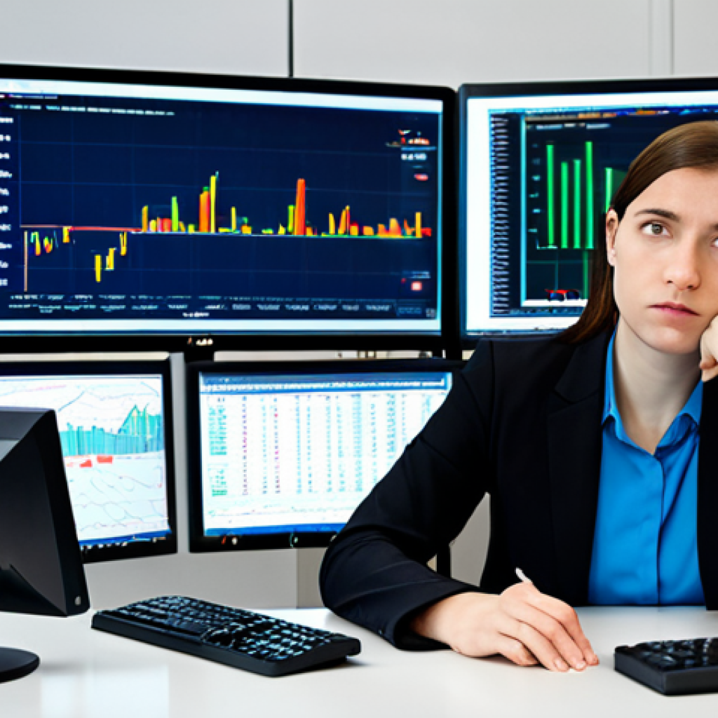A focused female investment analyst in her late 20s, with a serious and contemplative expression, professionally dressed in a modest business suit, sitting at a modern desk in a high-tech financial office in Warsaw. She is surrounded by multiple computer monitors displaying financial charts, stock tickers, and complex data models. Her hands are naturally resting on a keyboard, suggesting active data analysis. The background shows a panoramic view of a city skyline, representing a bustling financial hub. The image conveys professionalism, intelligence, and a deep engagement with market data. Photorealistic, high detail, sharp focus, professional lighting, correct proportions, perfect anatomy, natural pose, well-formed hands, proper finger count, natural body proportions, safe for work, appropriate content, fully clothed, professional, modest.