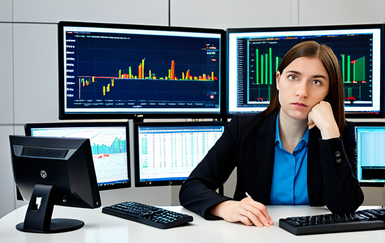 A focused female investment analyst in her late 20s, with a serious and contemplative expression, professionally dressed in a modest business suit, sitting at a modern desk in a high-tech financial office in Warsaw. She is surrounded by multiple computer monitors displaying financial charts, stock tickers, and complex data models. Her hands are naturally resting on a keyboard, suggesting active data analysis. The background shows a panoramic view of a city skyline, representing a bustling financial hub. The image conveys professionalism, intelligence, and a deep engagement with market data. Photorealistic, high detail, sharp focus, professional lighting, correct proportions, perfect anatomy, natural pose, well-formed hands, proper finger count, natural body proportions, safe for work, appropriate content, fully clothed, professional, modest.