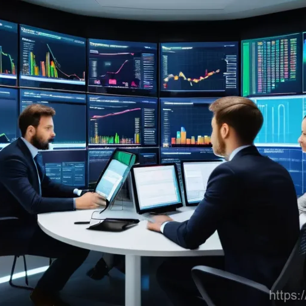 금융투자분석사와 AI 활용 사례 - A vibrant, modern financial analysis hub in a sleek, high-tech building, with large holographic disp...