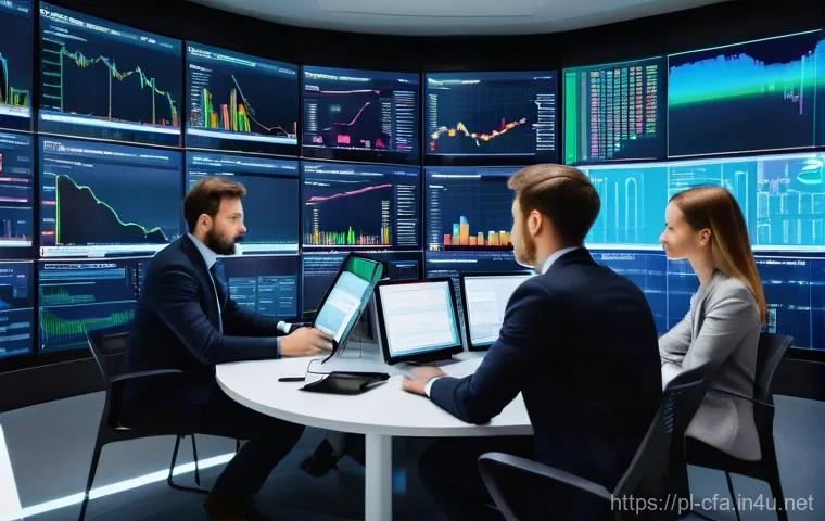 금융투자분석사와 AI 활용 사례 - A vibrant, modern financial analysis hub in a sleek, high-tech building, with large holographic disp...