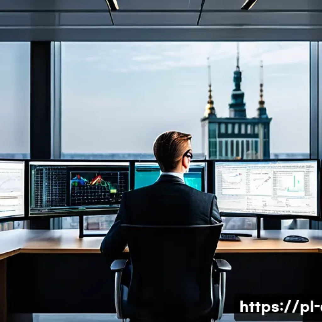 금융투자분석사로서의 자기계발 방법 - A professional Polish investment analyst in a modern office setting, focused on multiple computer sc...