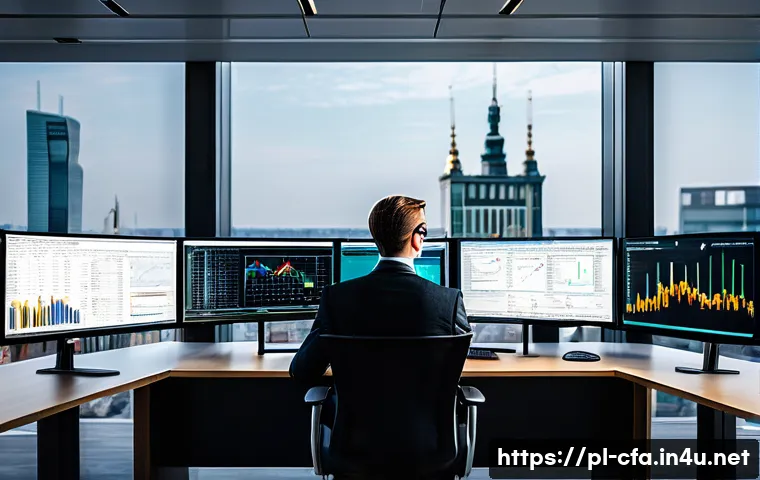금융투자분석사로서의 자기계발 방법 - A professional Polish investment analyst in a modern office setting, focused on multiple computer sc...