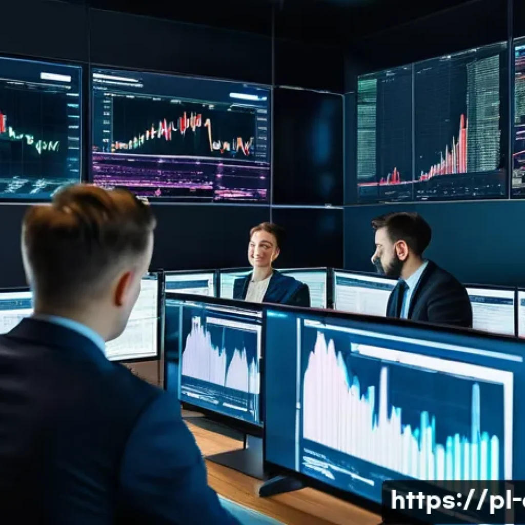 CFA와 글로벌 금융 시장 전망 - A modern office setting in Warsaw with a diverse group of professional financial analysts collaborat...