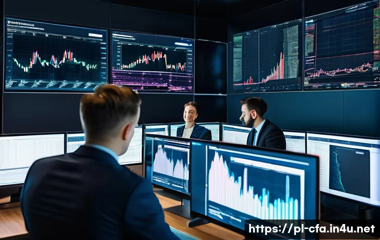 CFA와 글로벌 금융 시장 전망 - A modern office setting in Warsaw with a diverse group of professional financial analysts collaborat...
