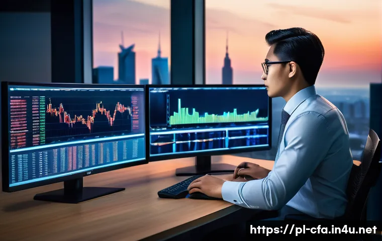 금융투자분석사의 글로벌 경력 사례 - A modern international financial analyst working in a sleek, high-tech office overlooking a global c...