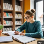 금융투자분석사 시험 실패 후 재도전 - A focused young Polish adult studying at a neatly organized desk in a cozy, well-lit room with a lar...