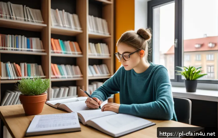 금융투자분석사 시험 실패 후 재도전 - A focused young Polish adult studying at a neatly organized desk in a cozy, well-lit room with a lar...