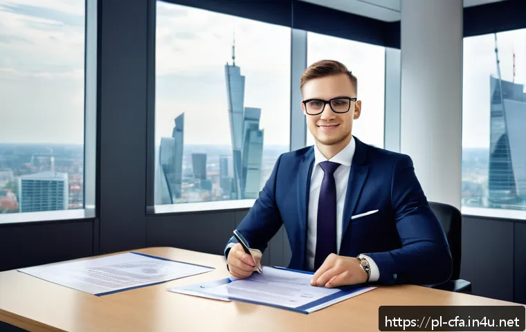 금융권 연봉 협상 시 CFA 활용법 - A modern Polish financial office scene showing a confident young professional wearing business attir...