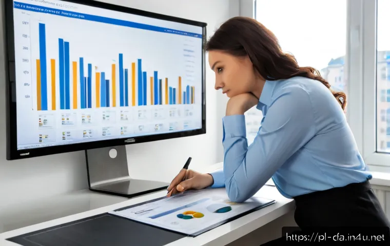 Home 17 CFA와 기업 재무 분석 - Photorealistic financial analyst in a modern Warsaw office reviewing a corporate valuation on a larg...